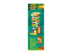 Colorful wooden block tower game with dinosaur illustrations, suitable for ages 3+.
