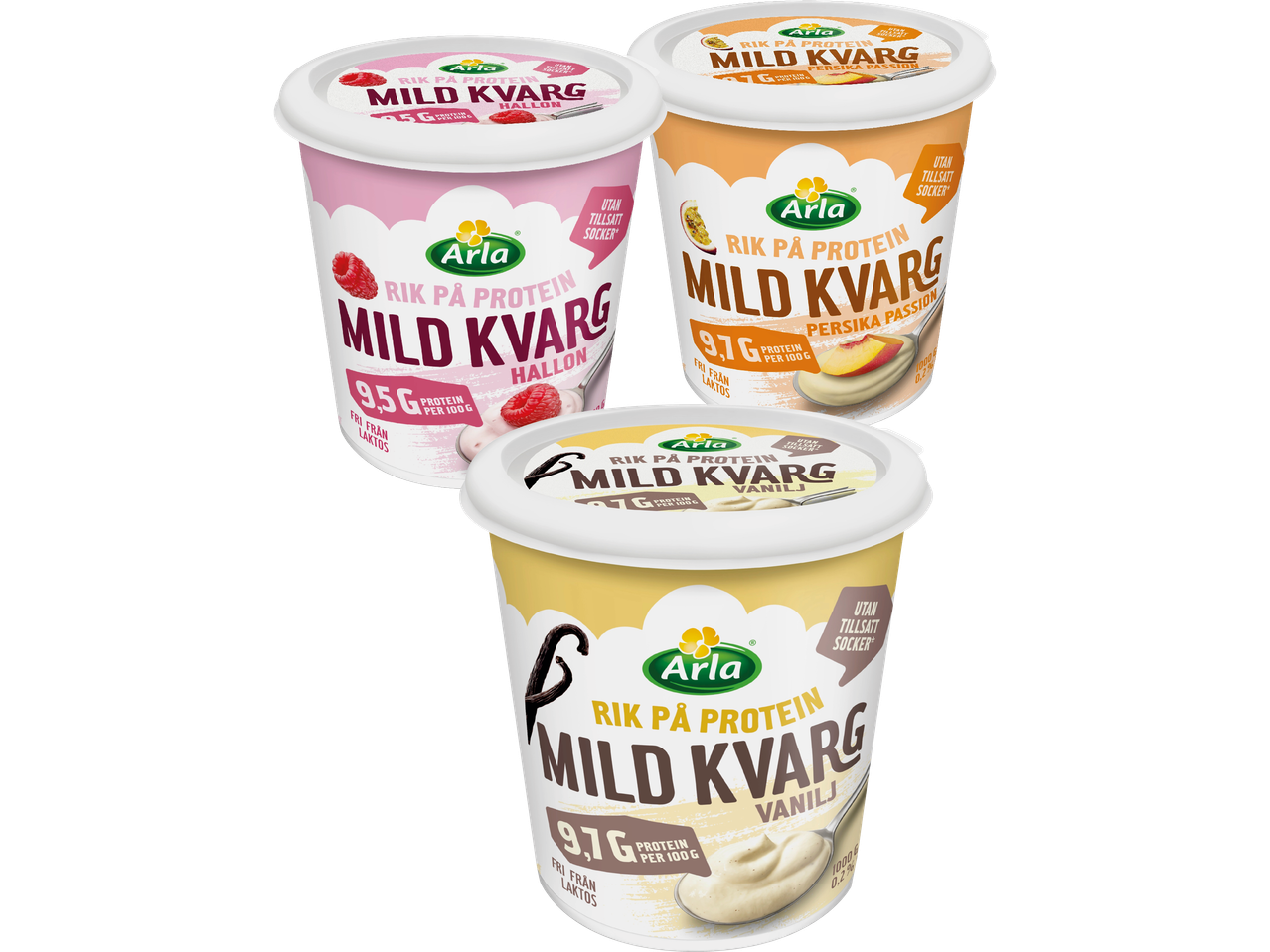 Arla Mild Kvarg yoghurter: hallon, persika-passion och vanilj.