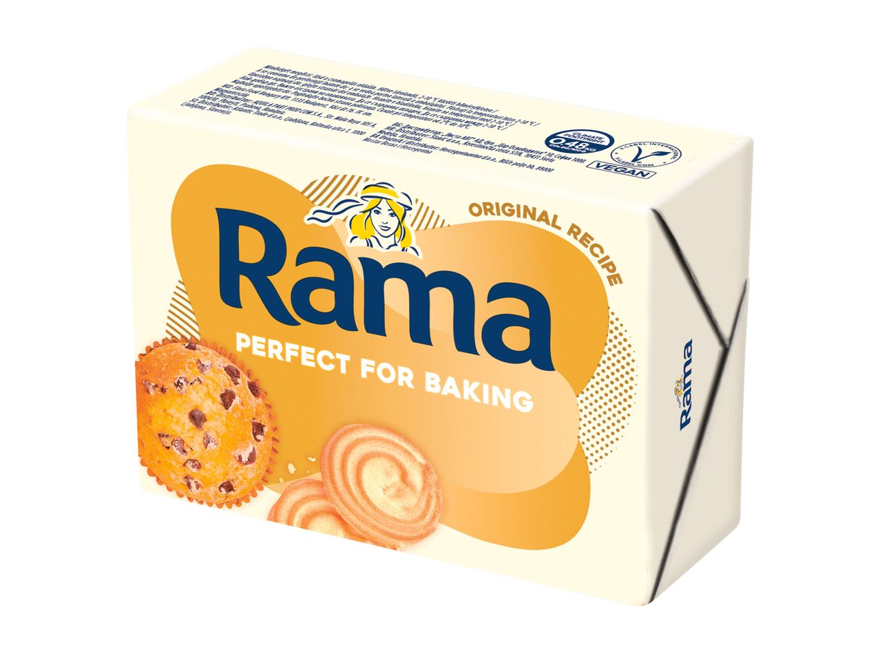 Pachet de margarină pentru copt, cu brioșe și fursecuri, cu textul „Perfect for Baking”.