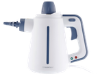 Бяла и синя ръчна парочистачка с индикатор за вода и бутони за управление.