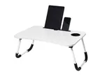 White foldable lap desk with tablet, smartphone, and cup holder.