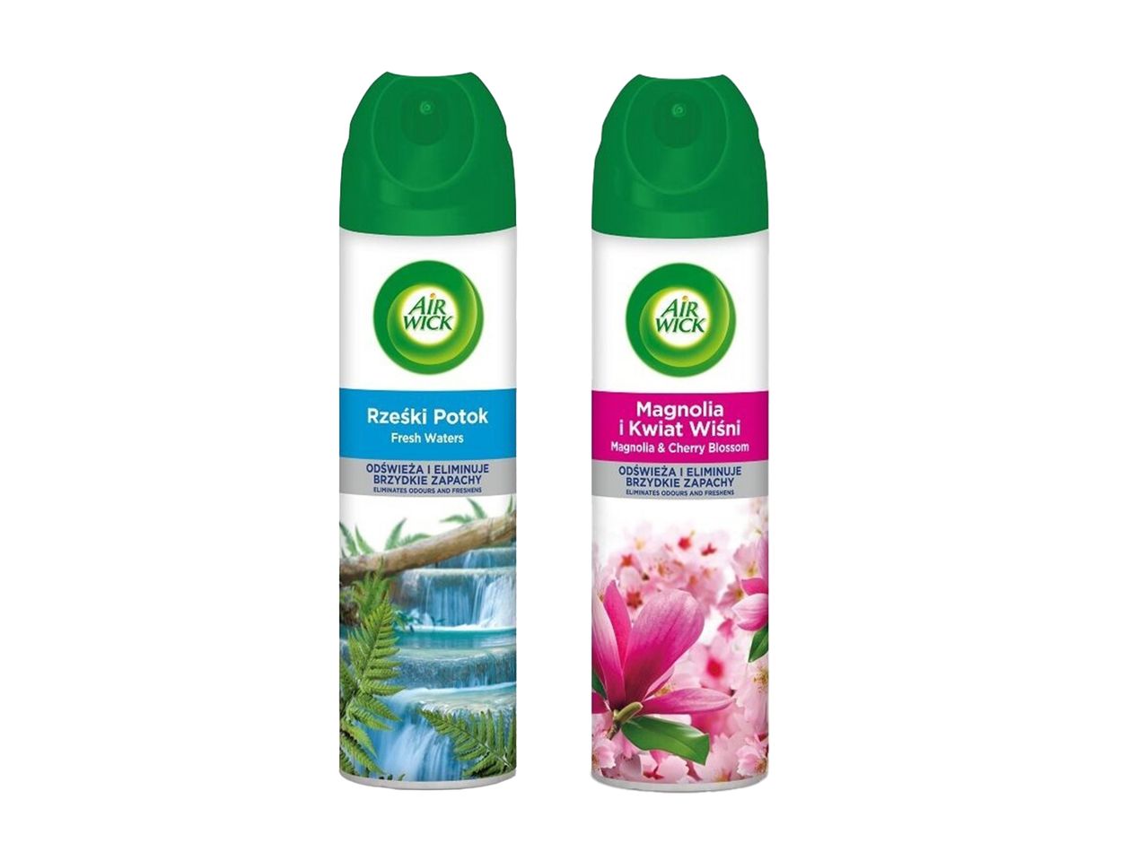 Du „Air Wick“ oro gaivikliai: vienas su „Fresh Waters“ (gaivūs vandenys) kvapu, kitas – su magnolijų ir vyšnių žiedų kvapu.