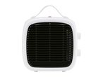 White portable electric fan heater with a black grille and top handle