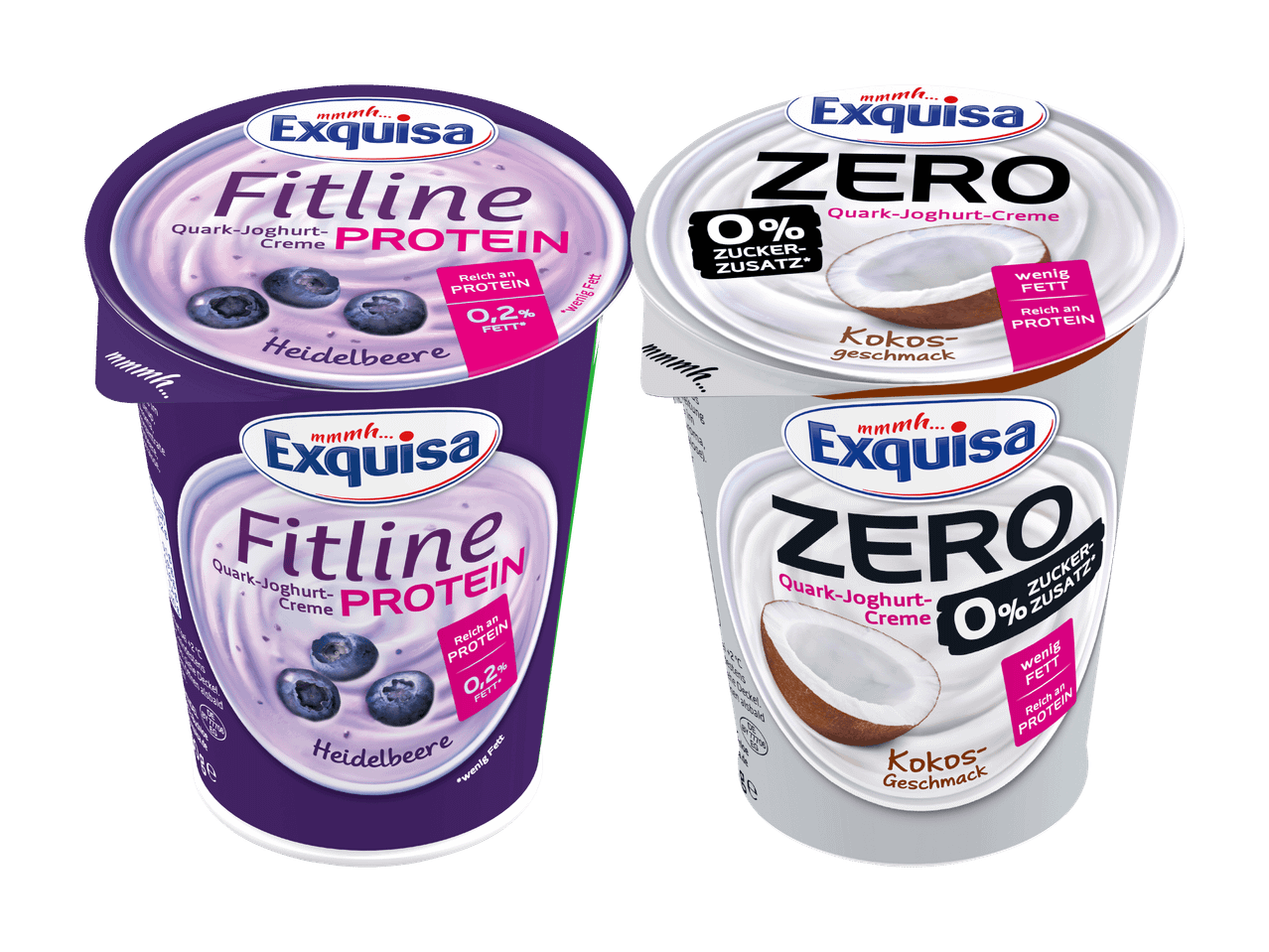 Zwei Becher Quark-Joghurt-Creme: Heidelbeere mit 0,2% Fett und Kokosnuss ohne Zuckerzusatz.