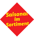 Rotes Siegel mit gelbem Text: „Saisonal im Sortiment“.