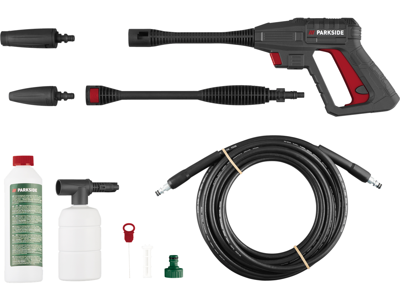 PARKSIDE magasnyomású mosó pisztollyal, tömlővel, tisztítószerrel és tartozékokkal.