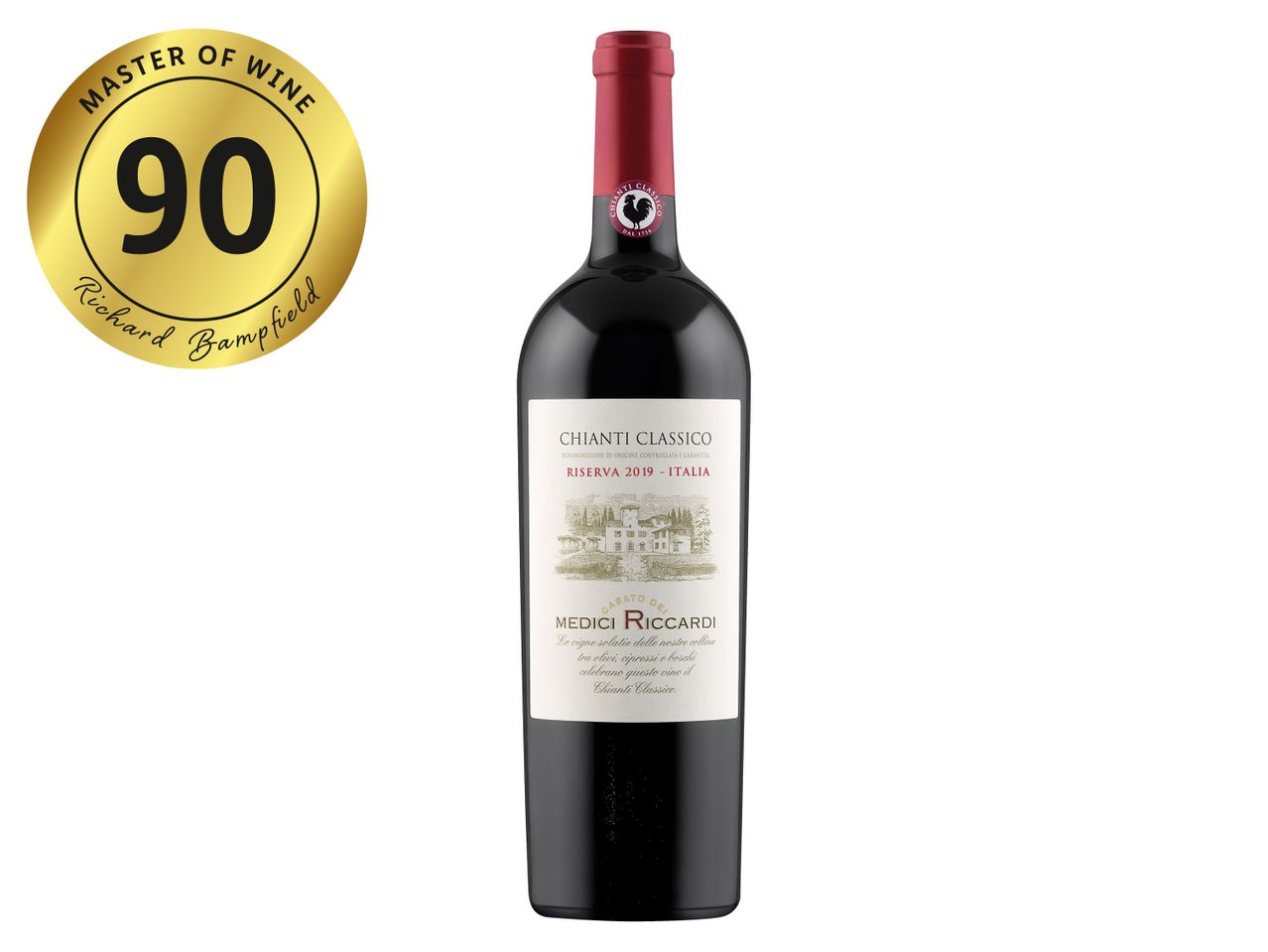 A bottle of Chianti Classico Riserva 2019 wine with a gold Master of Wine 90-point rating.