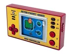Retro pocket game console with a red and gold design, displaying an airplane shooting game.