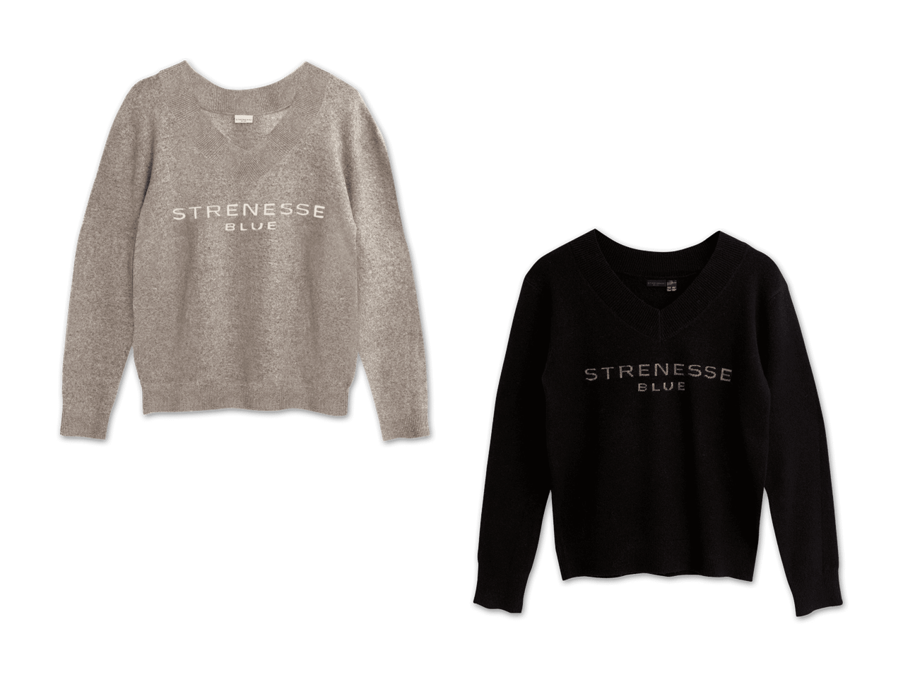 Zwei V-Ausschnitt-Pullover von STRENESSE BLUE, einer in Beige und einer in Schwarz