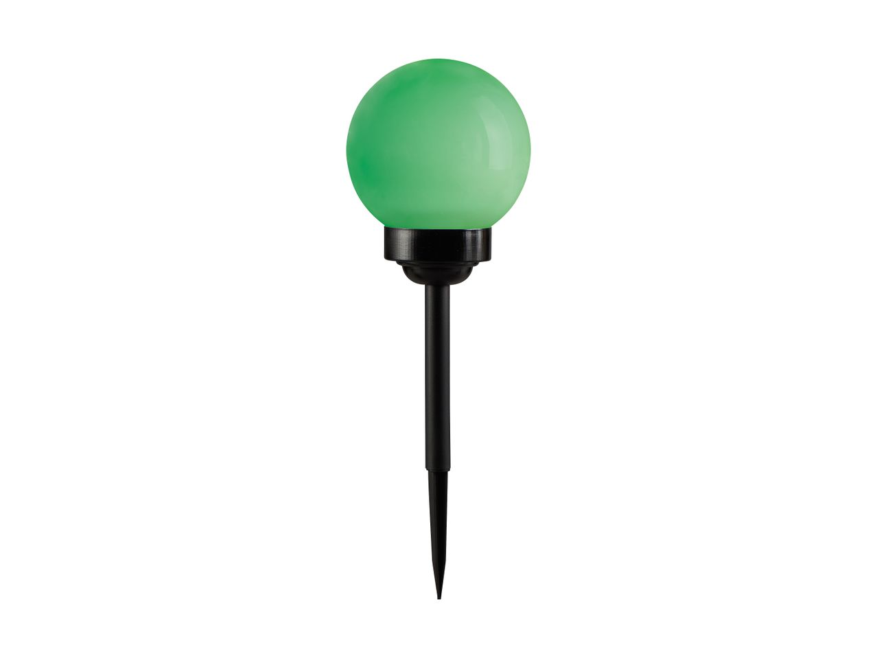 Grøn kugleformet solcellelampe til haven med spids til at stikke i jorden.