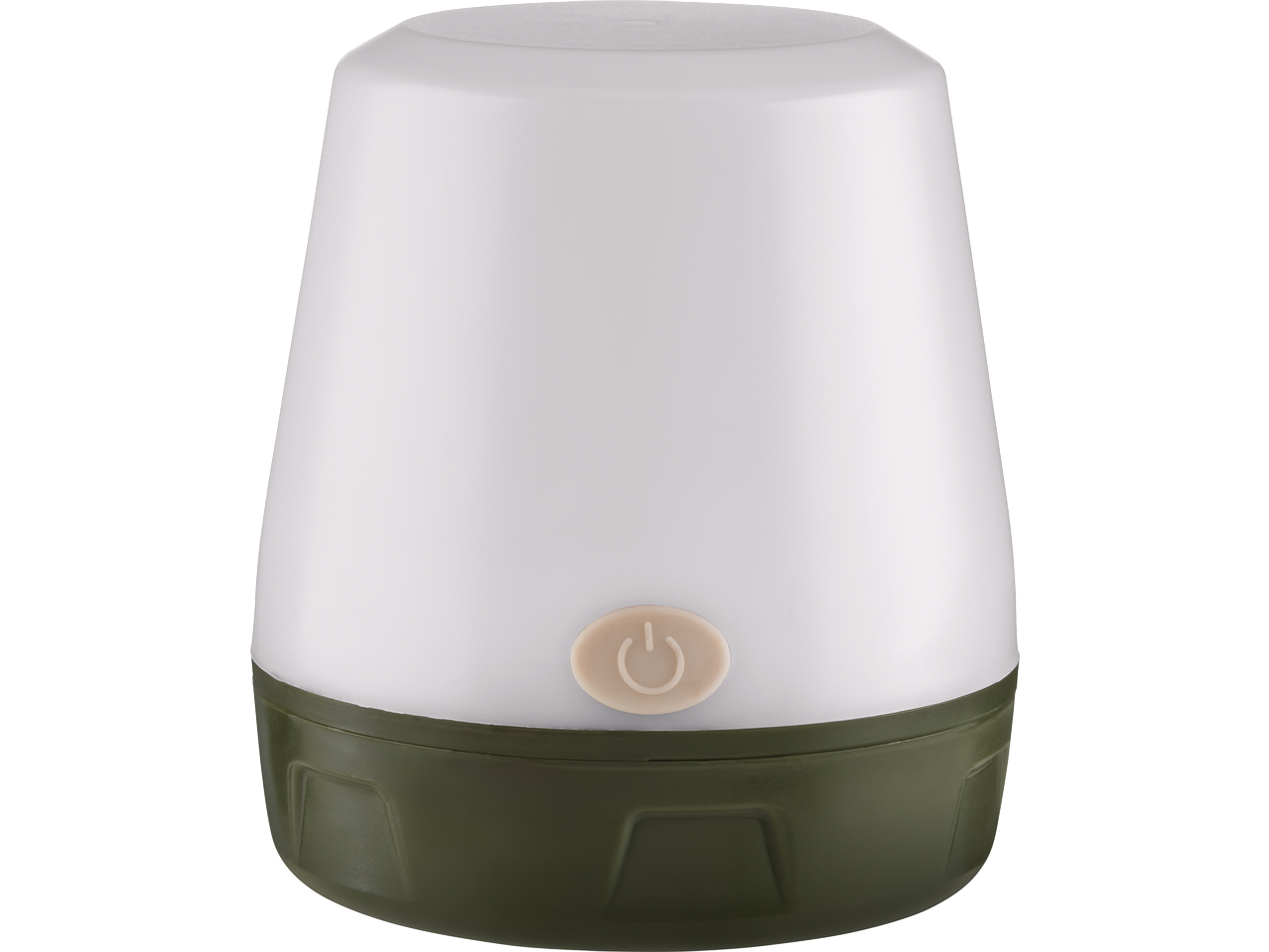 CRIVIT Camping Lamp with a white top and a dark green base, featuring a power button.