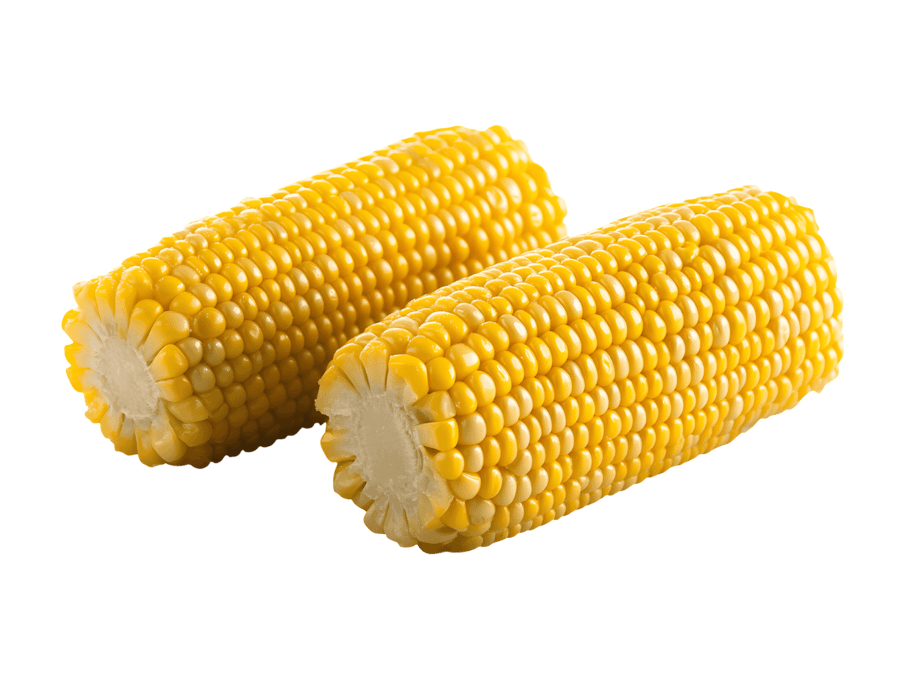 Zwei goldgelbe Maiskolben auf schwarzem Hintergrund