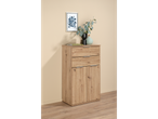A light oak wood cabinet with two drawers and two doors.
