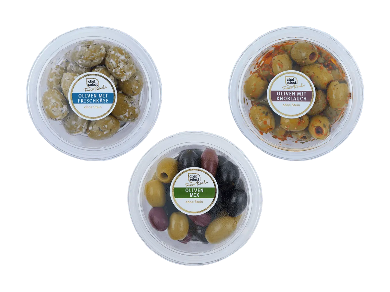 Trois barquettes d'olives : aux herbes, à l'ail et un mélange d'olives.
