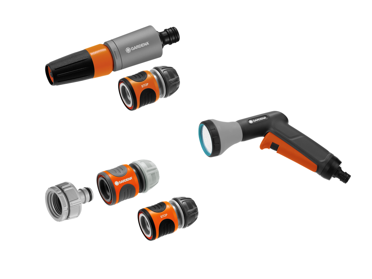 Šobe za zalivanje in priključki za cev v sivi in oranžni barvi.