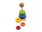 Wooden stacking toy with colorful rings numbered 1 to 4, and a rainbow top.
