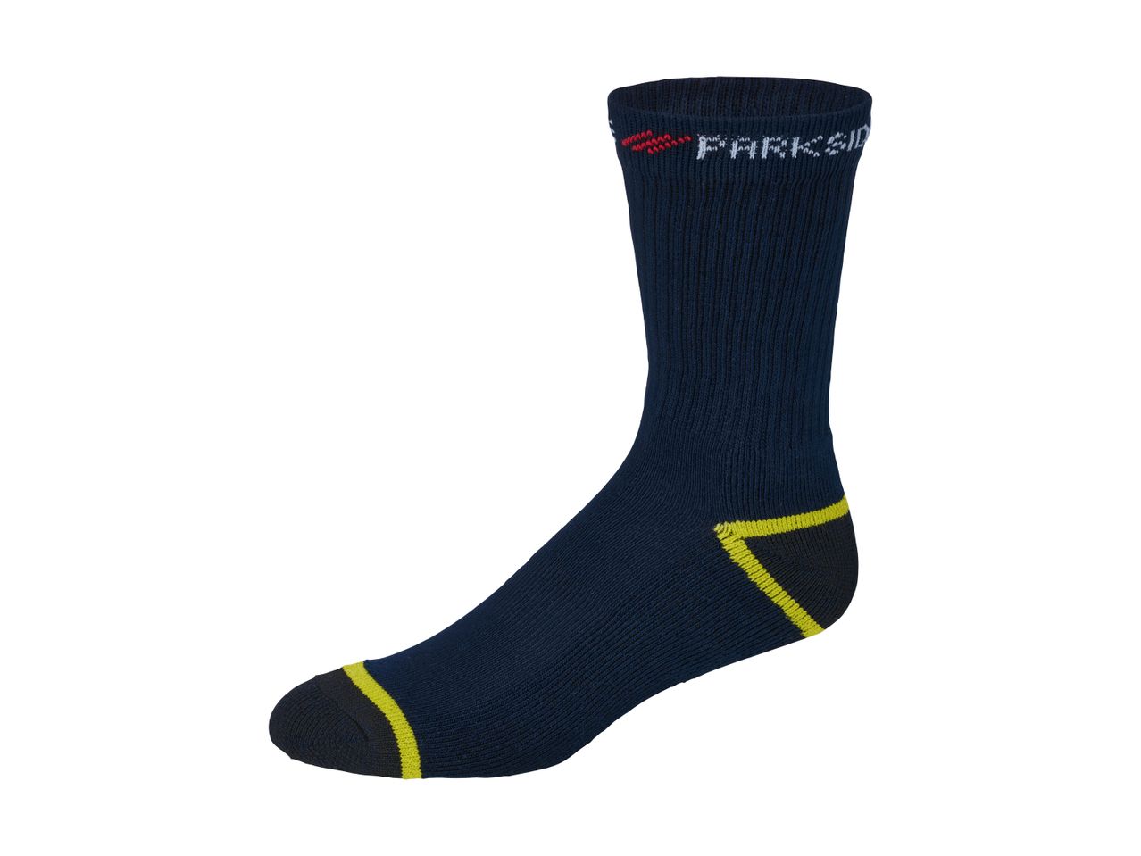 Parkside navy blue work socks with yellow accents.