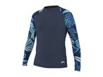 Navy blue long-sleeve rash guard with blue tropical leaf pattern on the sleeves.