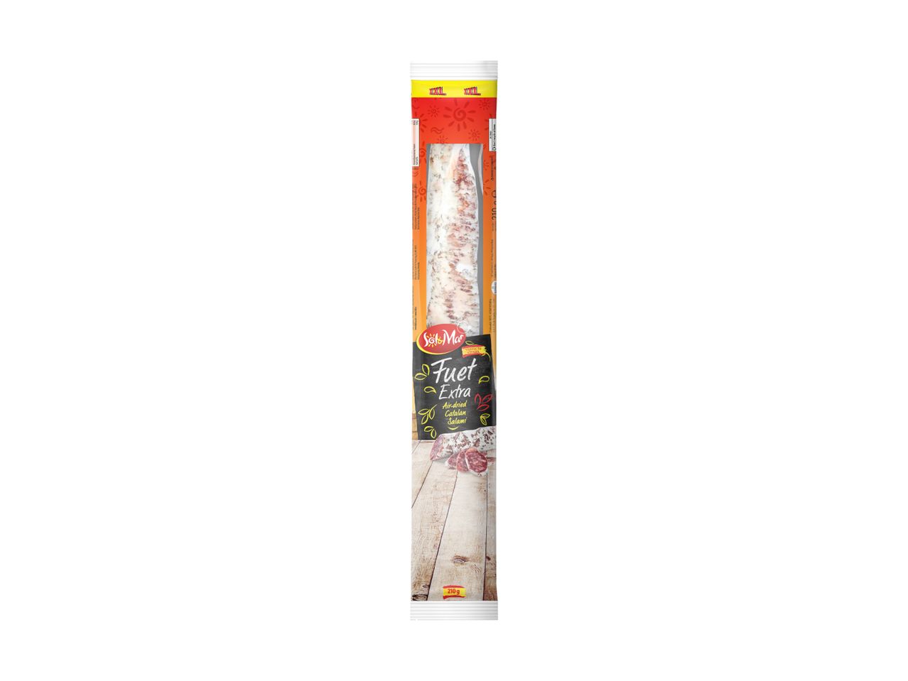 Packaged air-dried Catalan salami (fuet extra) with a net weight of 210g.