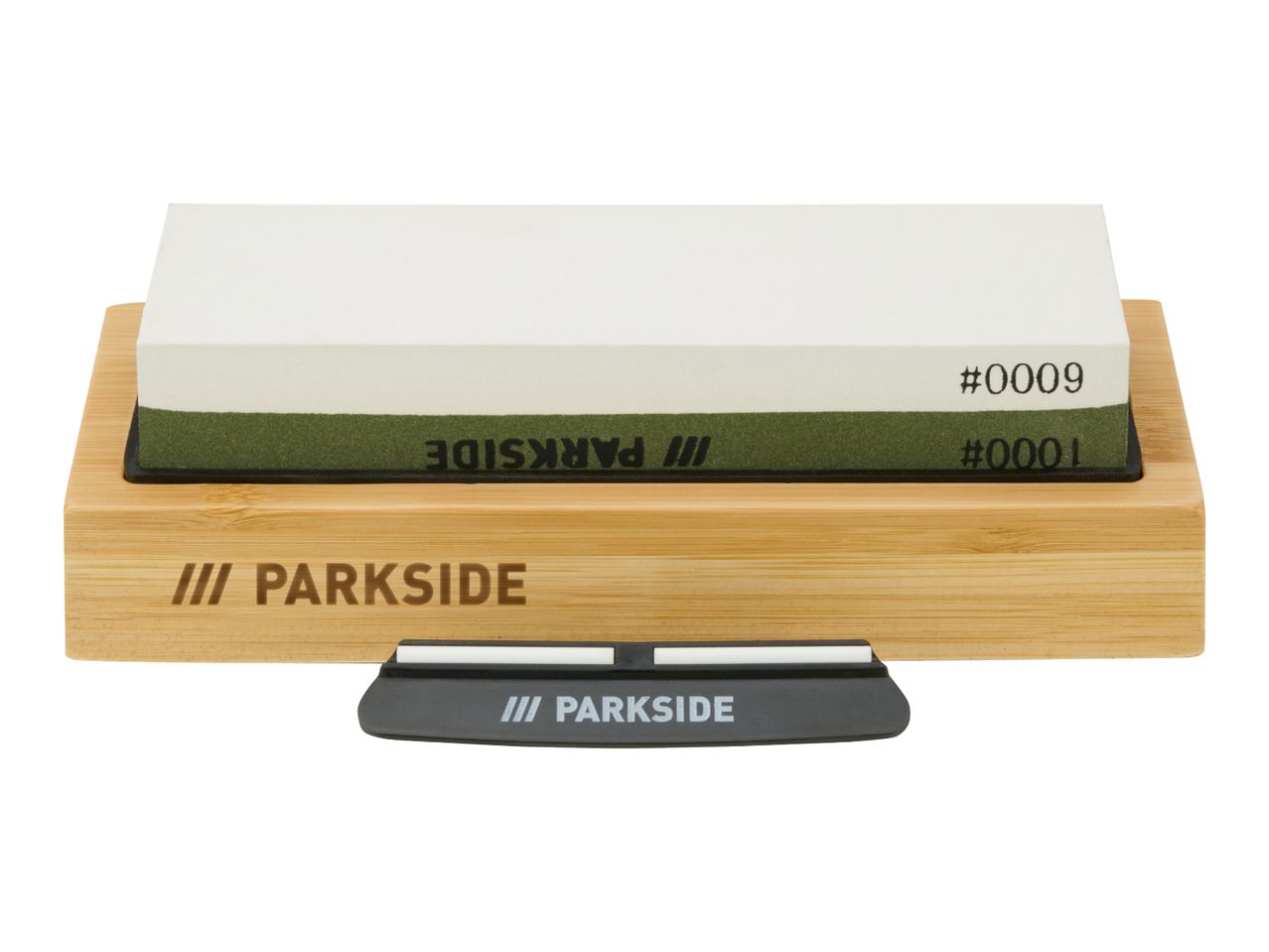 Dual-sided sharpening stone with a coarse and fine grit, on a wooden base with a sharpening guide.