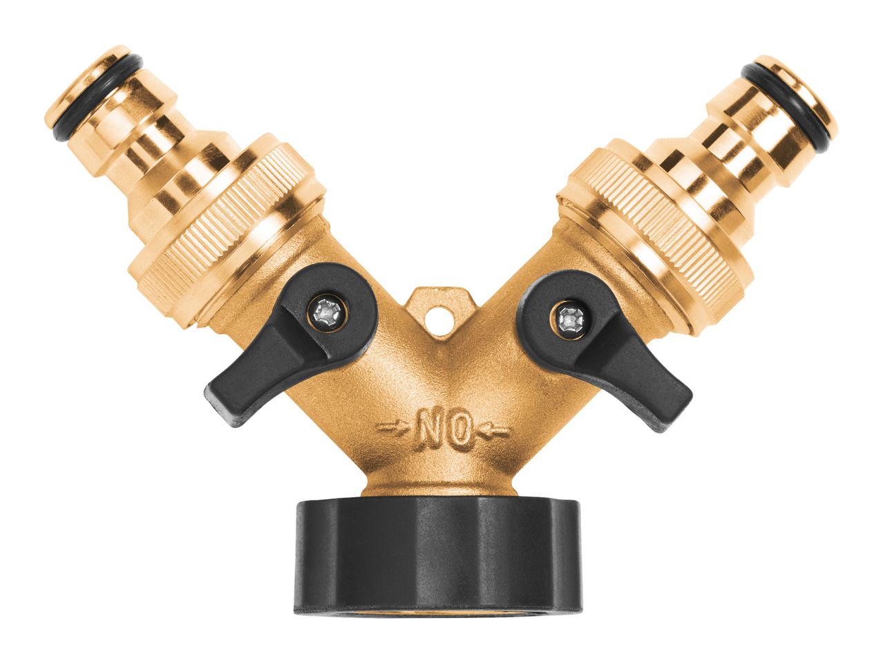Brass Y-shaped hose splitter with two quick connectors and individual shut-off valves.