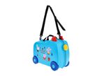 Blue children's ride-on suitcase with cartoon characters and 'Cool Adventures' text