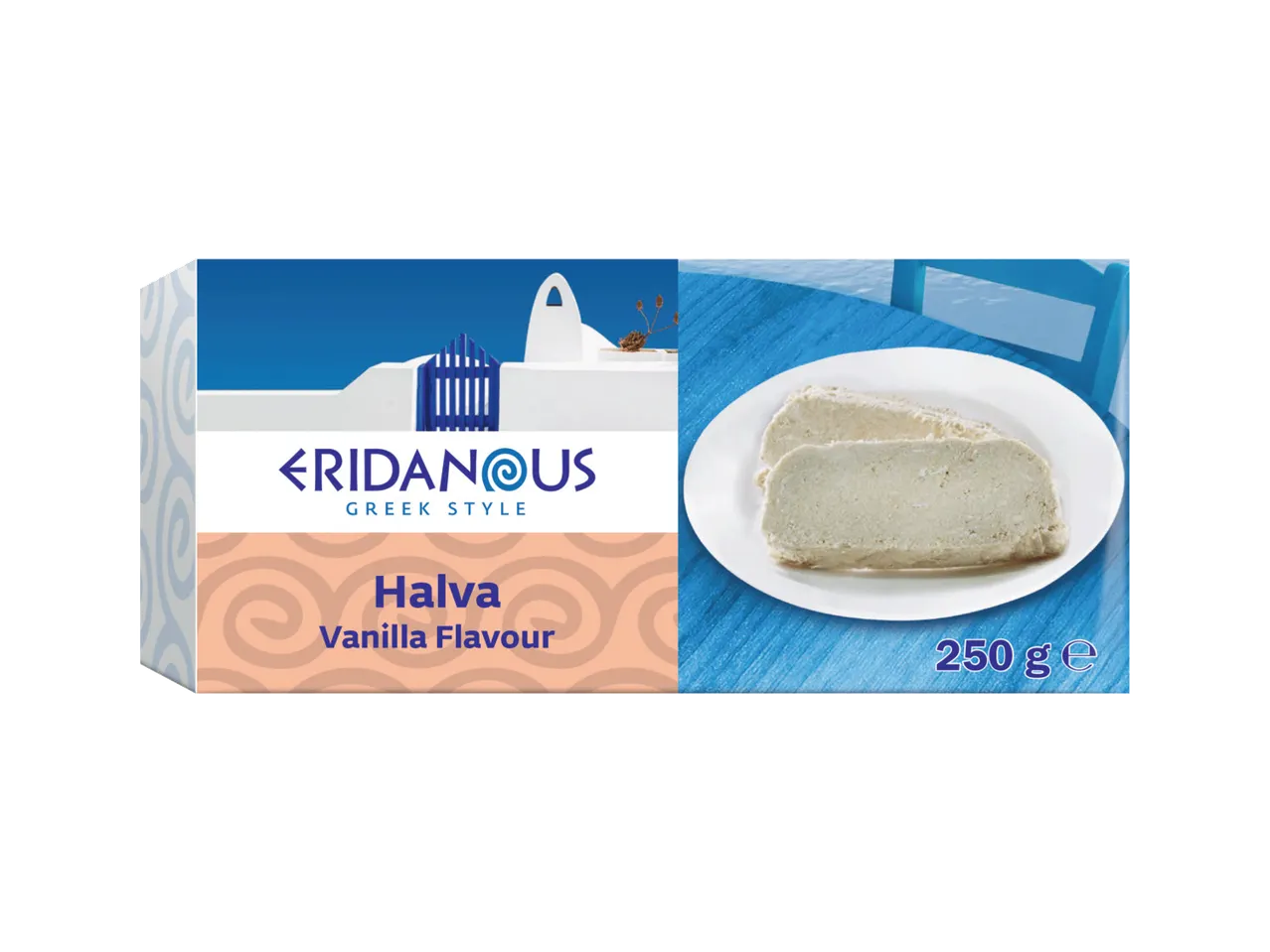 Pakovanje halve sa ukusom vanile, sa grčkim motivima i porcijom halve na tanjiru.