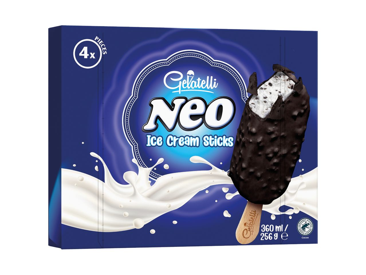 Ice cream sticks with chocolate coating and cookie pieces, 4 pieces per box.