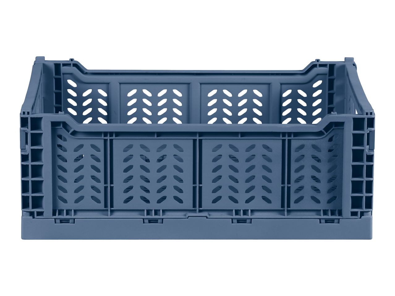 Blue plastic foldable storage crate with ventilation holes