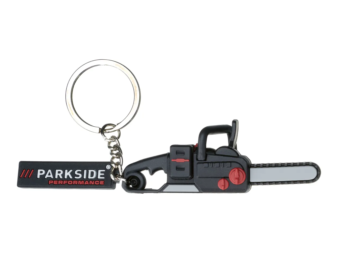 A Parkside Performance chainsaw keychain with a black body, red accents, and a silver chain.
