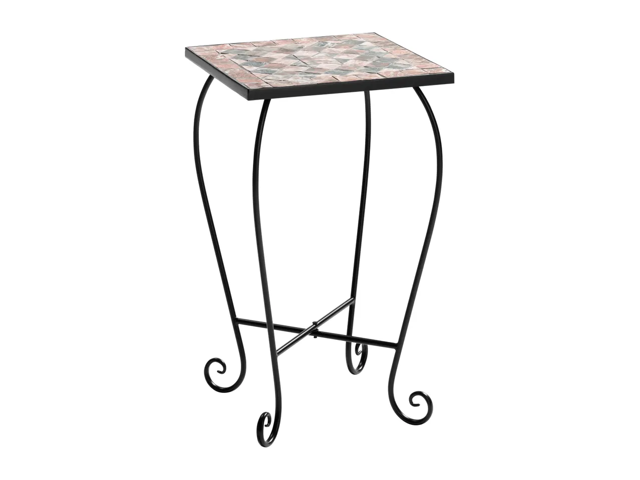Mosaic-top table with metal frame.