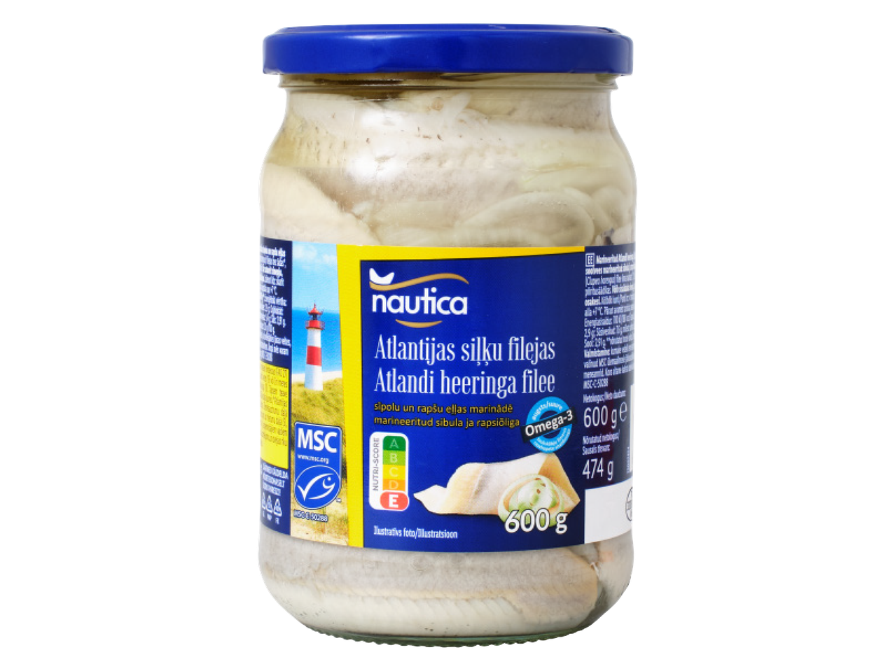 Nautica Atlantijas siļķu filejas eļļas marinādē ar sīpoliem, 600g burkā.