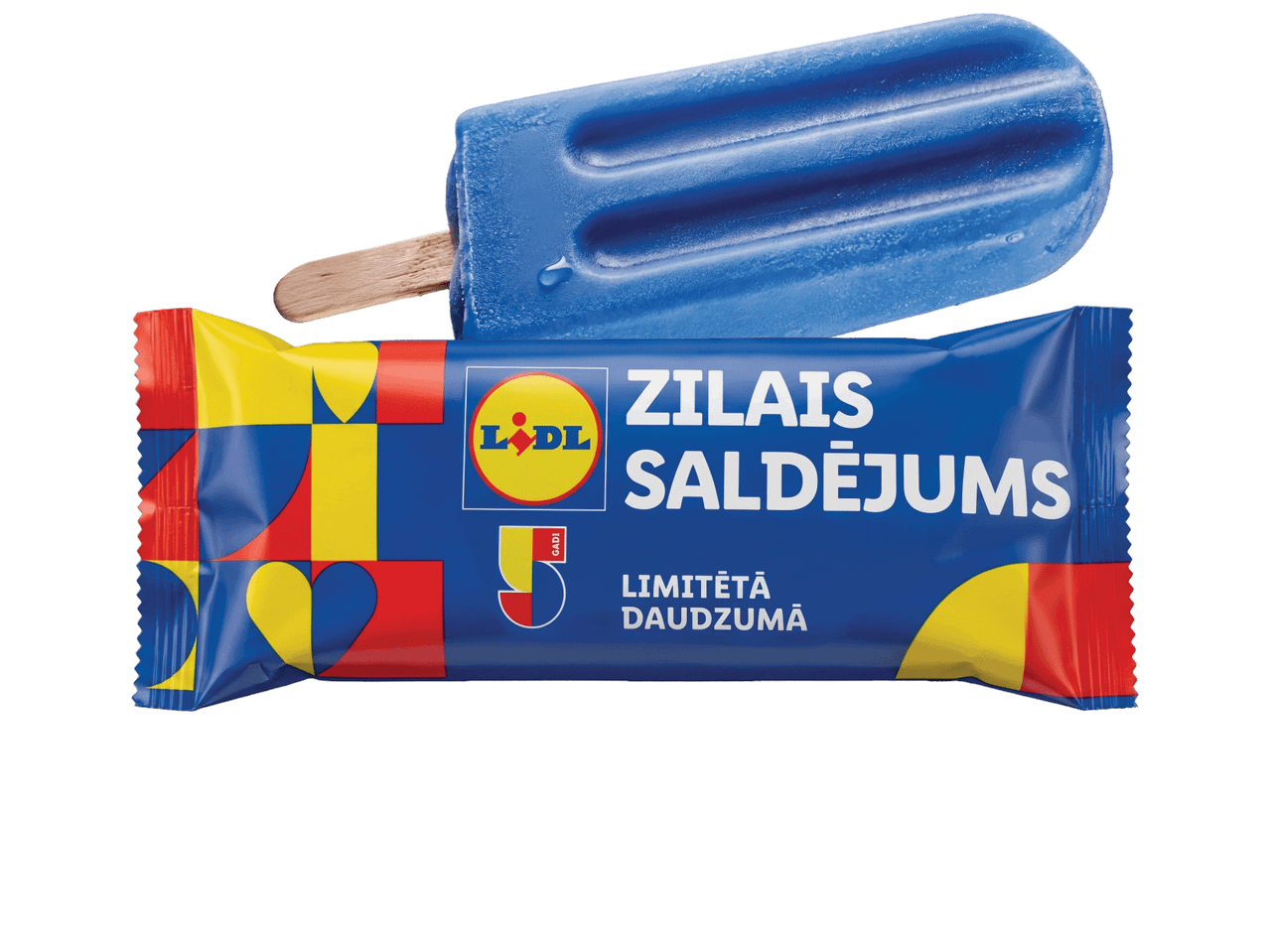 Zils saldējums uz kociņa un tā iepakojums ar uzrakstiem «ZILAIS SALDĒJUMS» un «5 GADI».