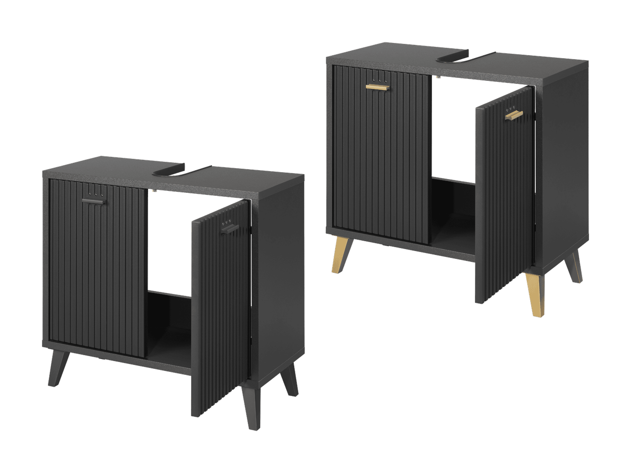 Deux meubles de salle de bain noirs avec portes à persiennes et poignées dorées.