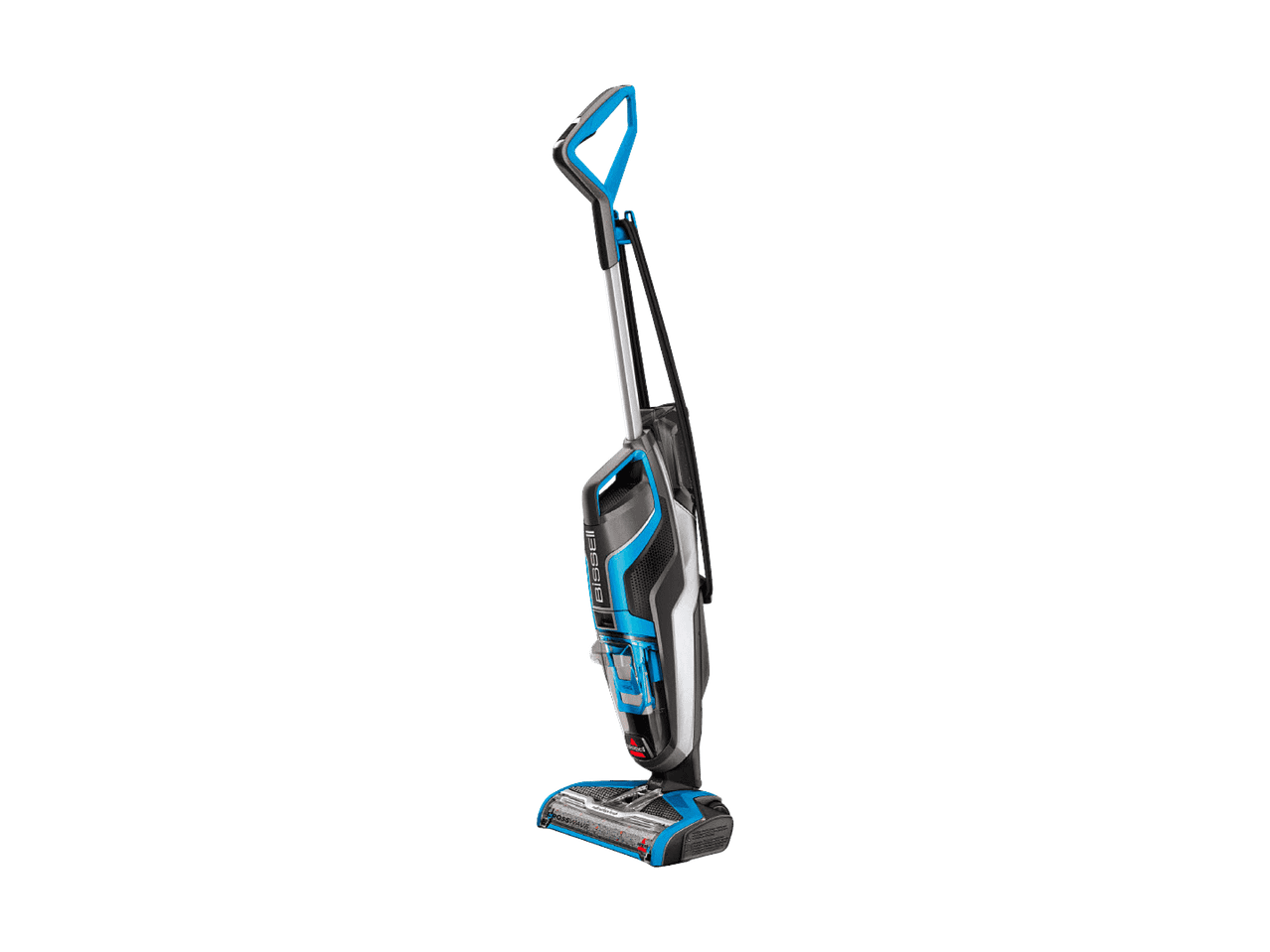 Aspirateur balai sans fil bleu et gris avec réservoir d'eau visible.