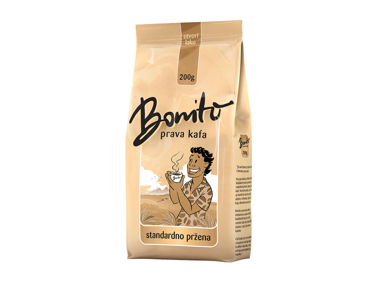 Pakovanje kafe od 200g sa natpisom 'otvori lako' i ilustracijom čoveka koji pije kafu.