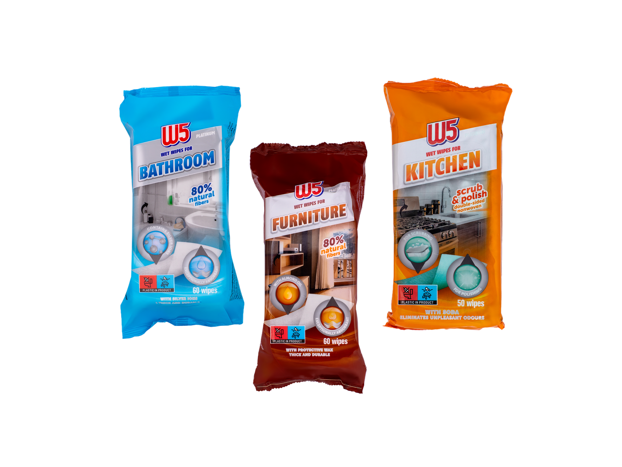 Tri pakovanja vlažnih maramica za kupatilo, nameštaj i kuhinju, sa 80% prirodnih vlakana.