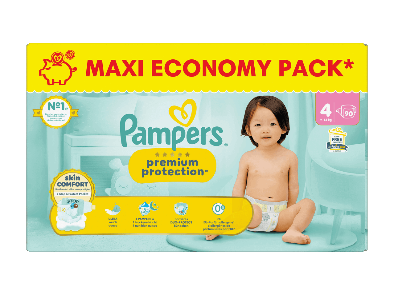 Pampers Premium Protection Maxi Economy Pack, Größe 4 (9-14 kg) mit 90 Windeln.