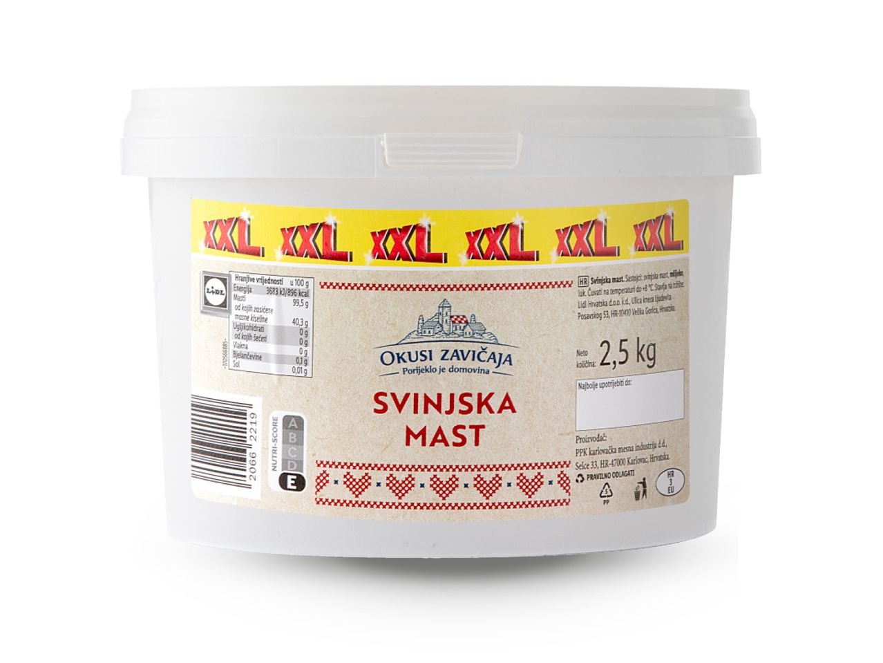 Lidlova Okusi Zavičaja XXL svinjska mast u pakiranju od 2,5 kg s nutritivnim informacijama.