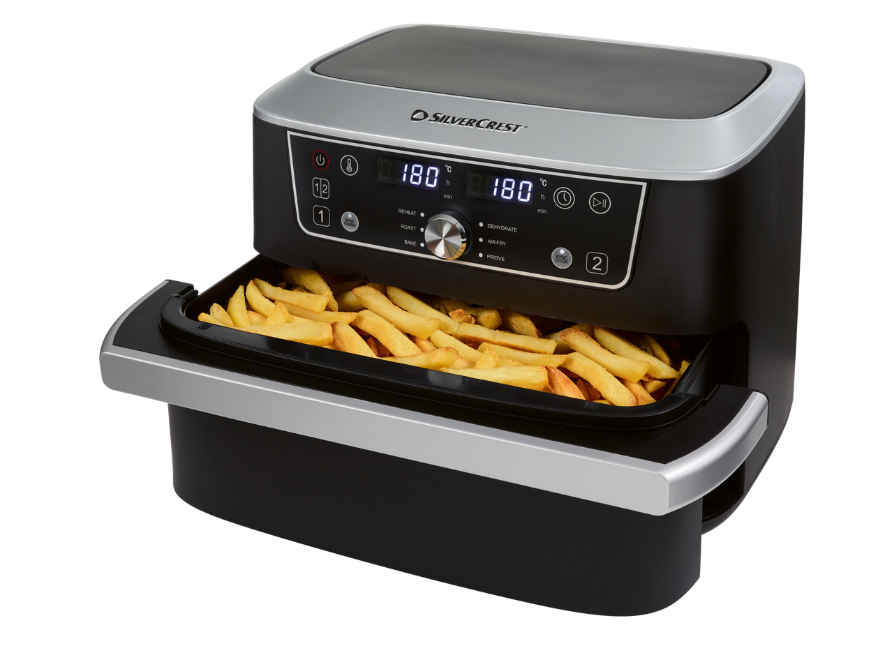 Silvercrest Heißluftfritteuse mit goldbraunen Pommes Frites in der geöffneten Schublade.