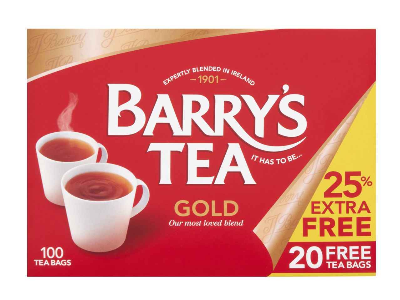 Barry's Tea Gold, 100 tea bags with 25% extra free, showing two steaming cups of tea.