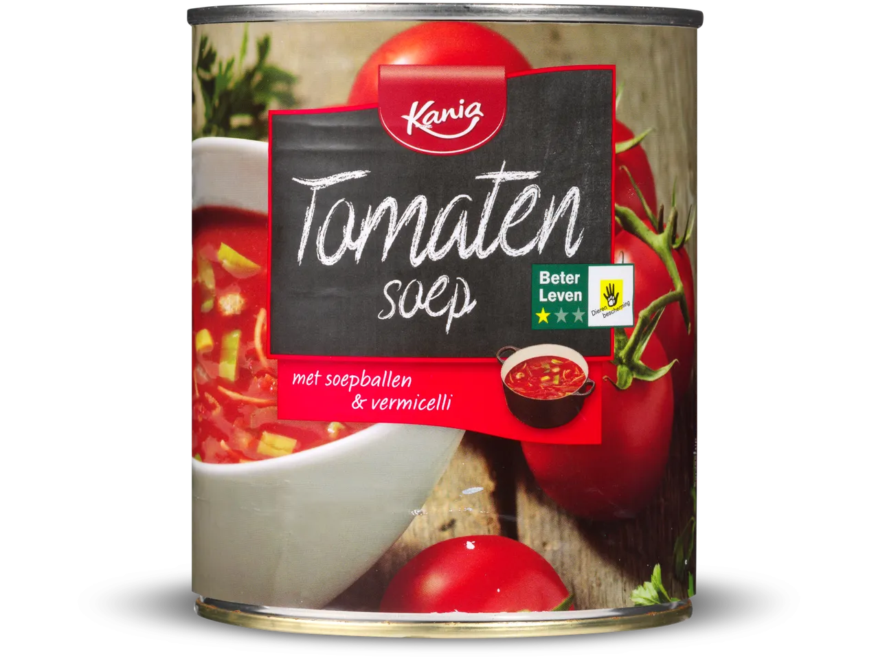 Kania tomatensoepblik met soepballen en vermicelli, met een 'Beter Leven' keurmerk.