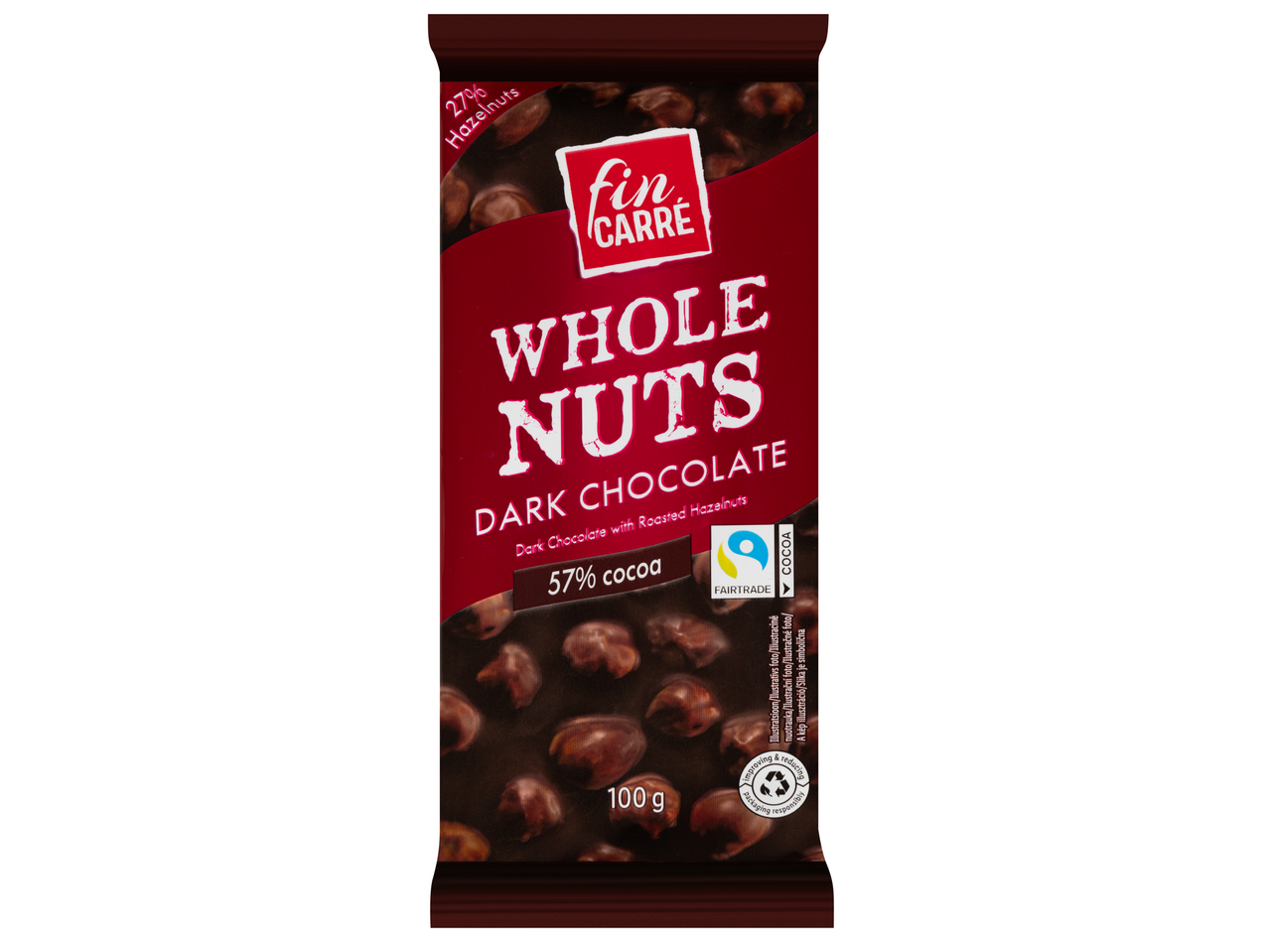 Fin Carré Whole Nuts étcsokoládé szelet 27% mogyoróval és 57% kakaótartalommal.