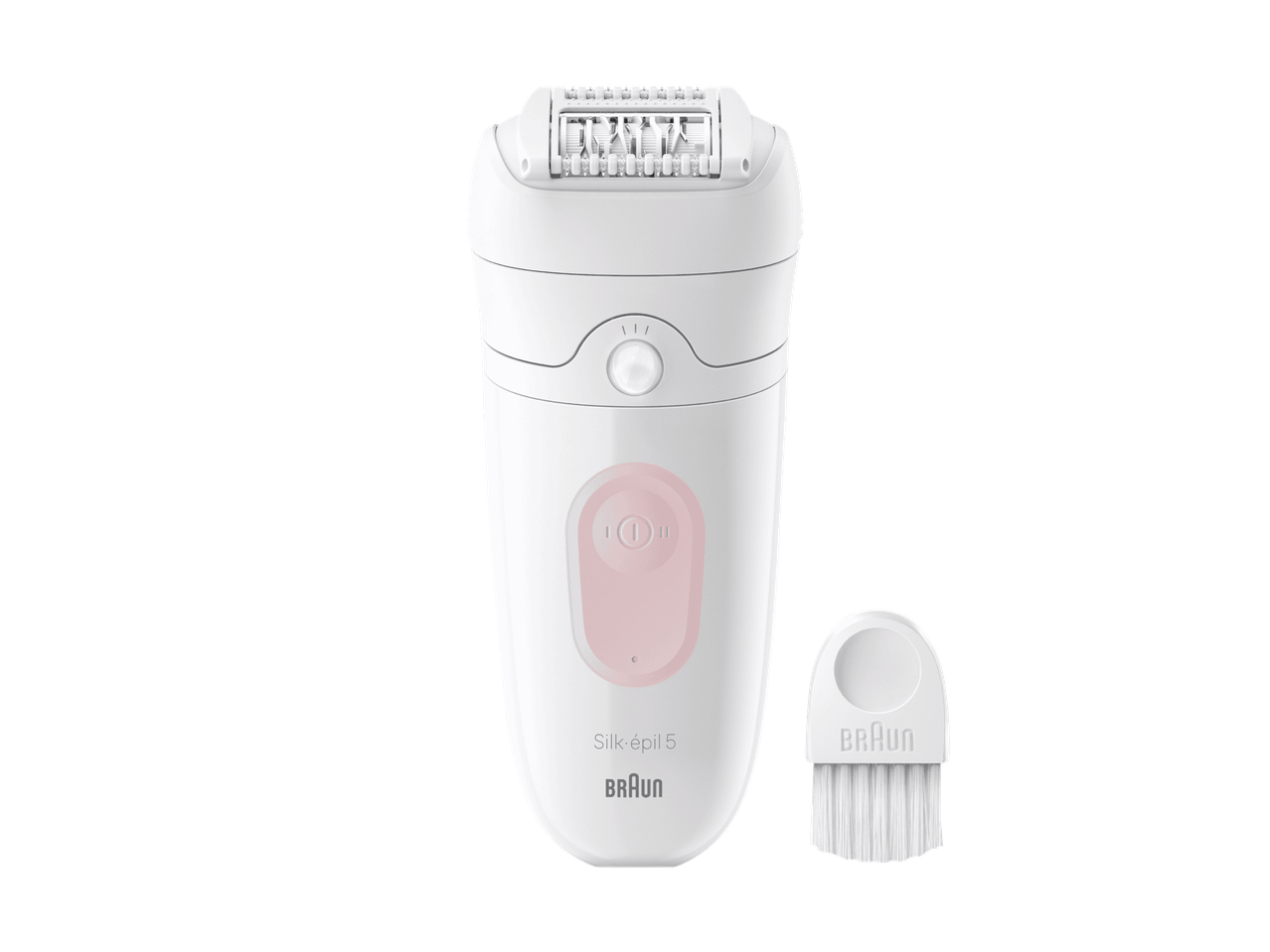 Épilateur électrique blanc avec des détails roses et une brosse de nettoyage.