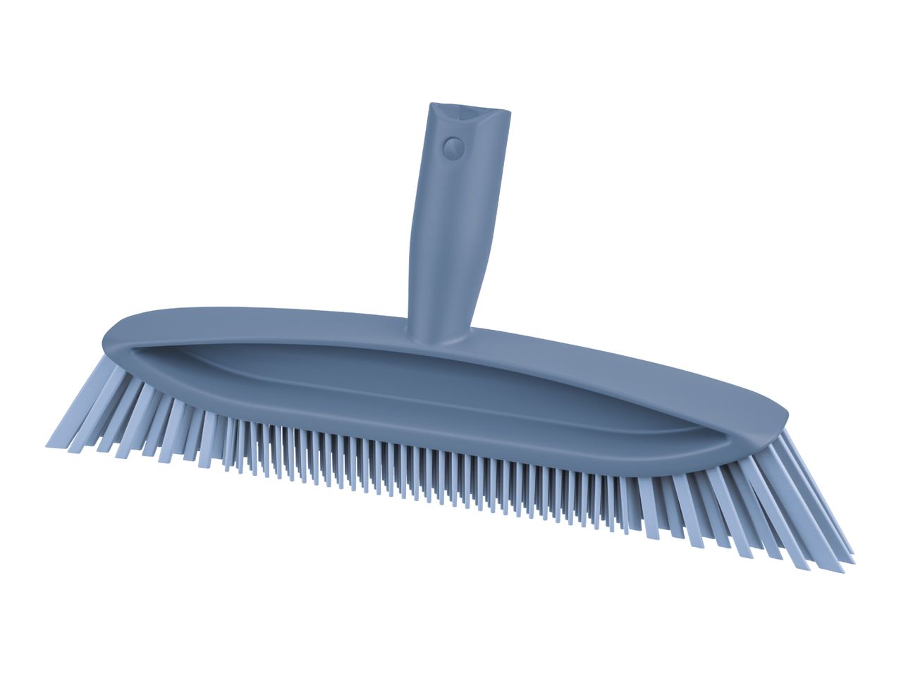Blue broom head with angled bristles for sweeping.