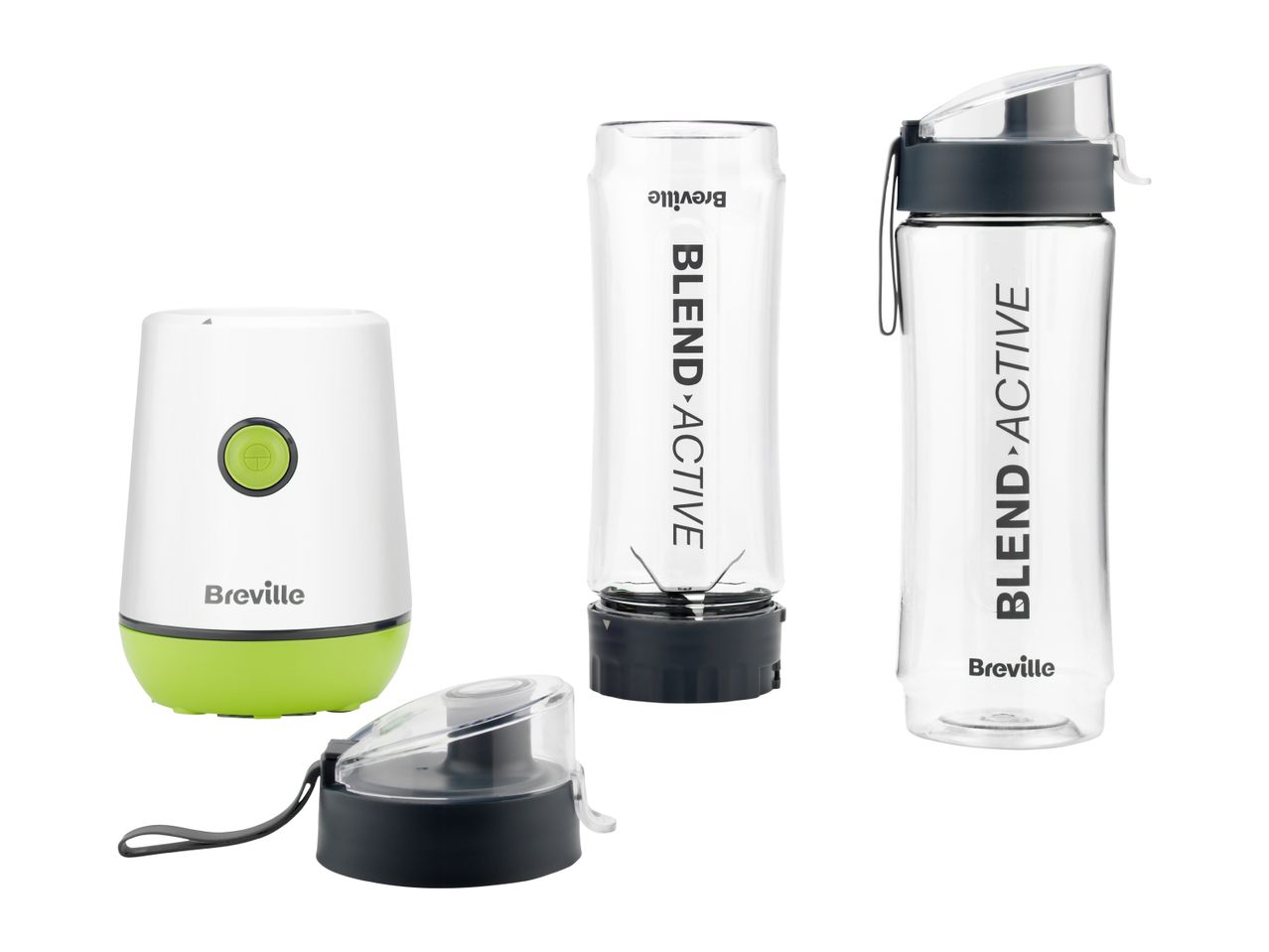 A white and green blender base, a clear blending bottle with blades, and a clear water bottle.