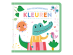 Kinderboek met een krokodil, zon, vlinder en vogel, met de titel 'Mijn Voelwoordenboek Kleuren'.