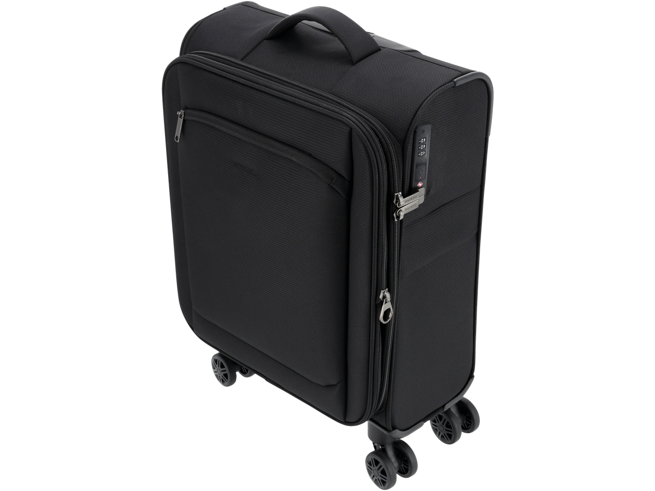 Esmara black cabin case with wheels, zippers, and a combination lock.