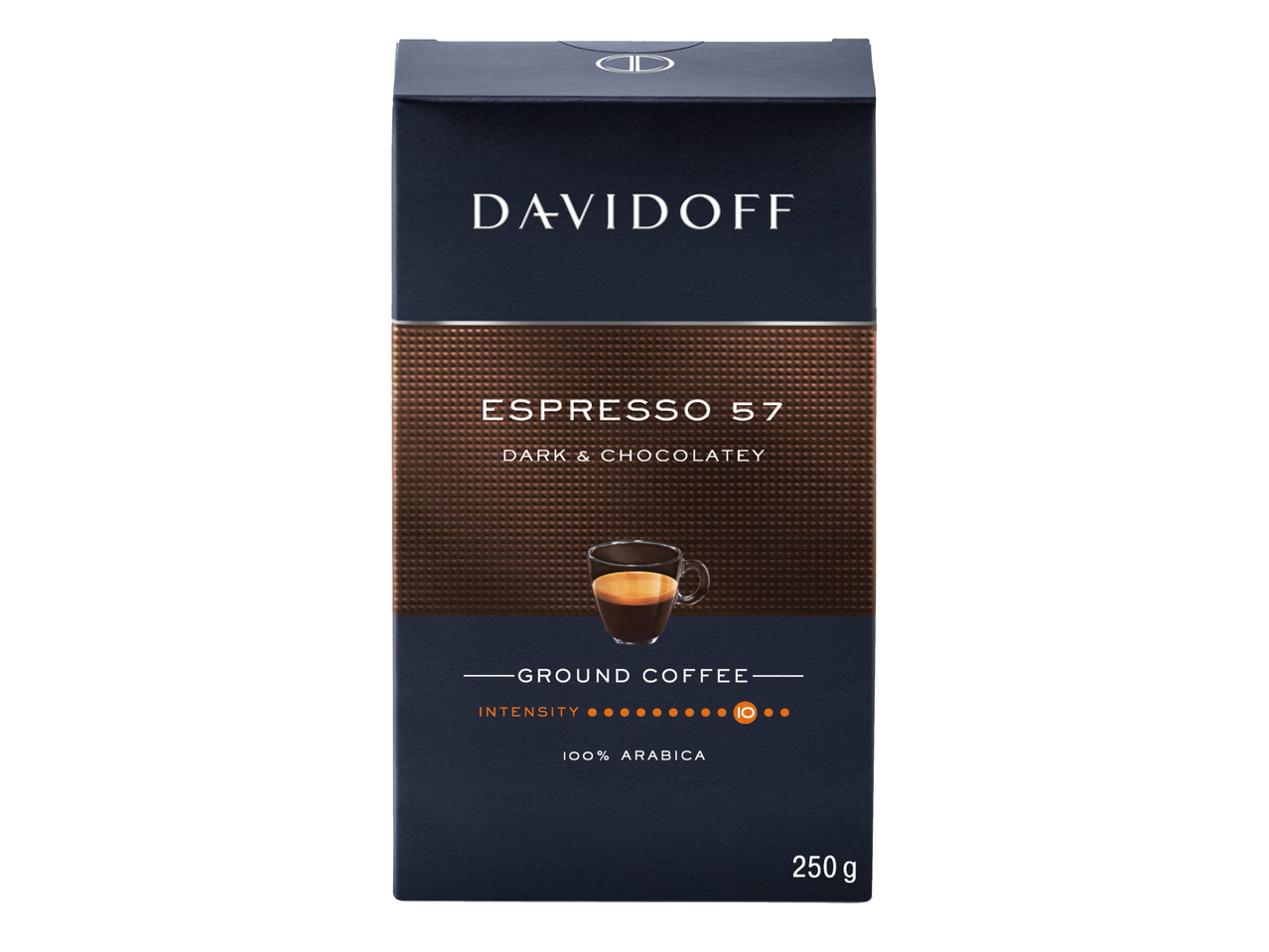 Опаковка смляно кафе с надпис „ESPRESSO 57 DARK & CHOCOLATEY“, 100% Арабика, 250 гр.