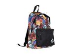 Colorful backpack with a black front pocket and various dinosaur-themed patches.